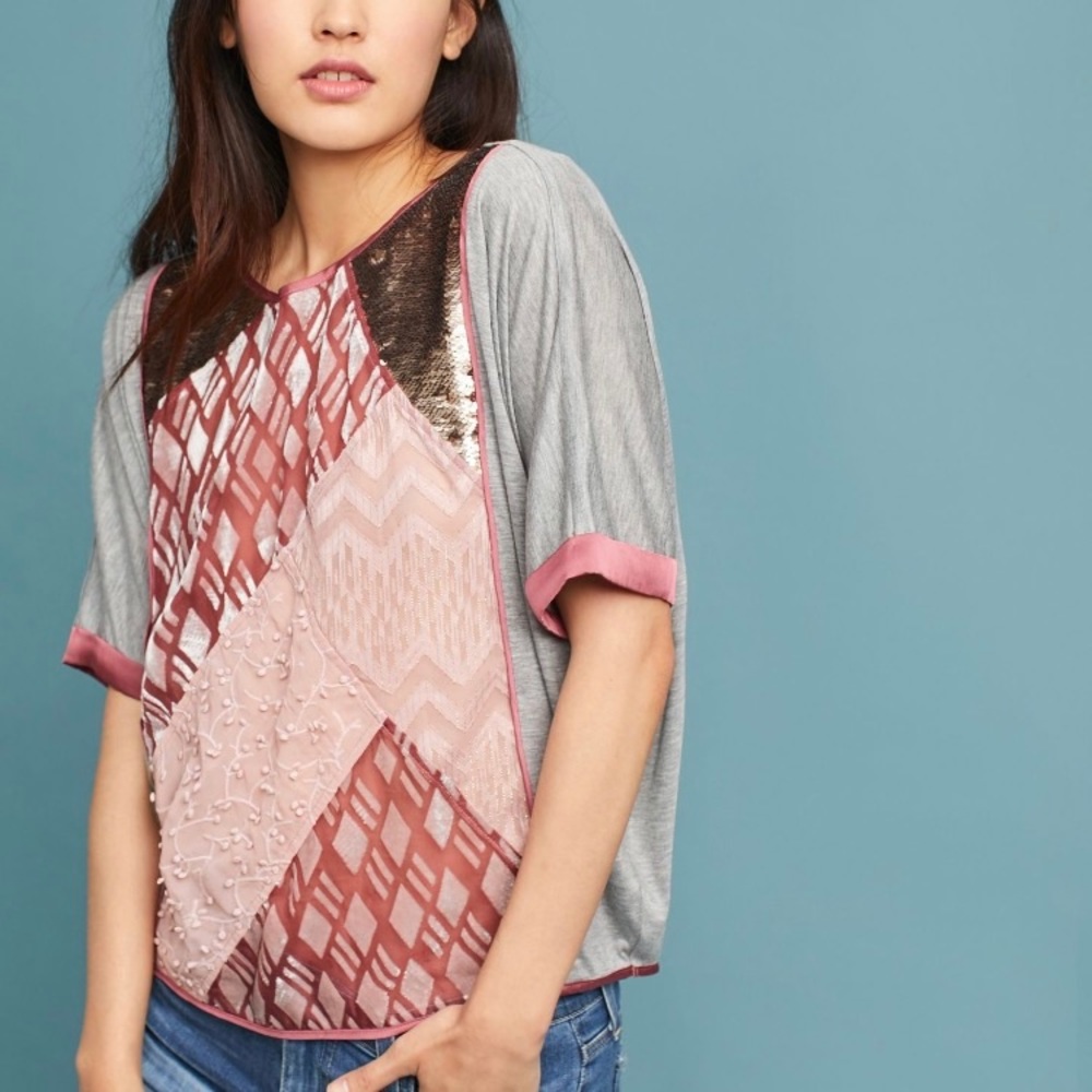 ANTHROPOLOGIE TINY VELVET PATCHWORK TOP XS BOXY